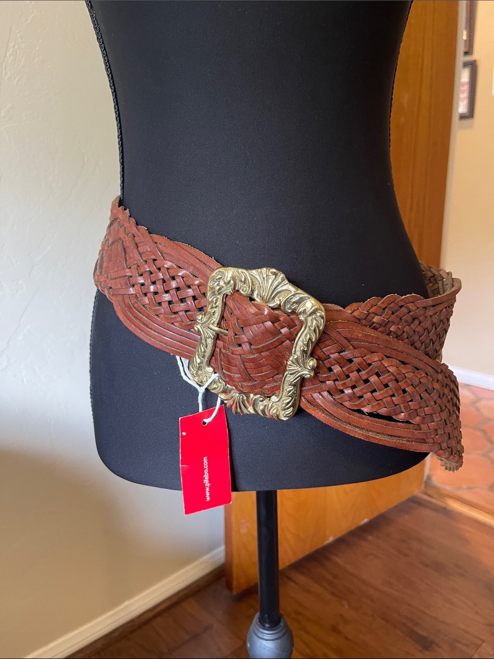 Braided Brown Leather Waist Belt with Ornate Gold Buckle 44 inches long